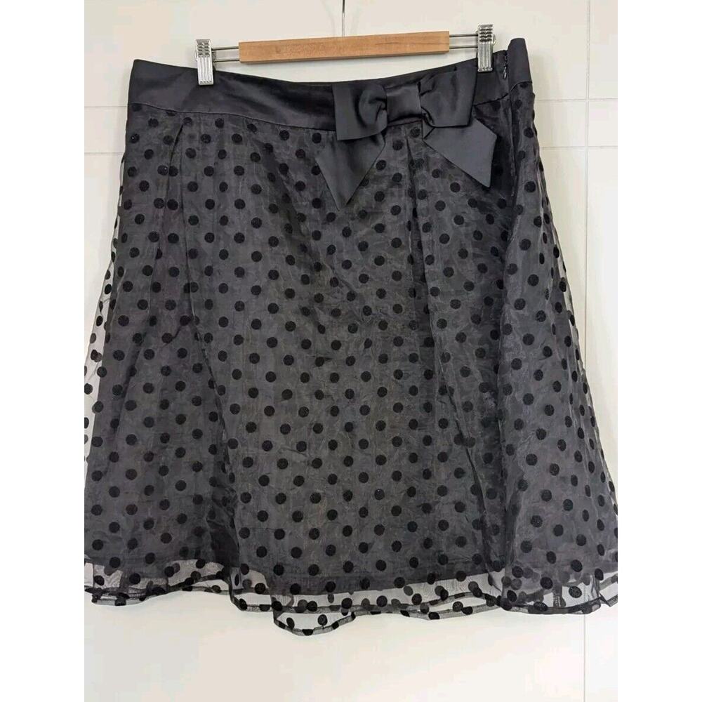 ELLE Skirt Black 18 Flocked A-line Sheer Polka‎ Dots Lined Bow Skater Schoolgirl